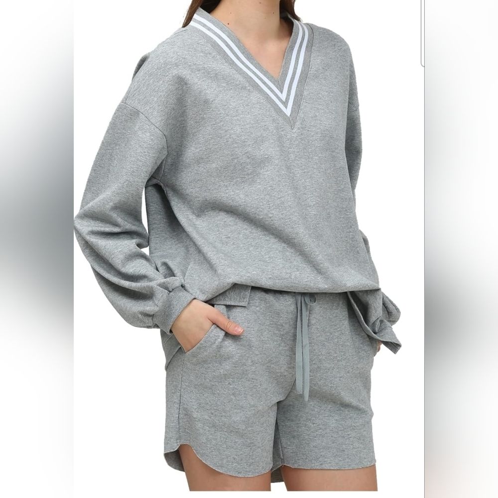 Womens 2 Piece Stretch Knit Long Sleeve Tops and Shorts Loungewear XL